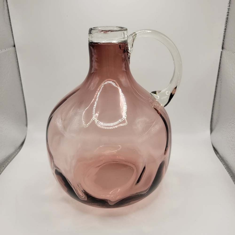 Vintage Handblown Amethyst Purple Glass Jug With Clear Applied Handle 8"